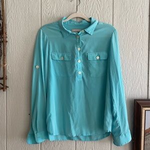 Banana Republic 100% Silk Blue Long Sleeve Collared Blouse Business Office Sz L